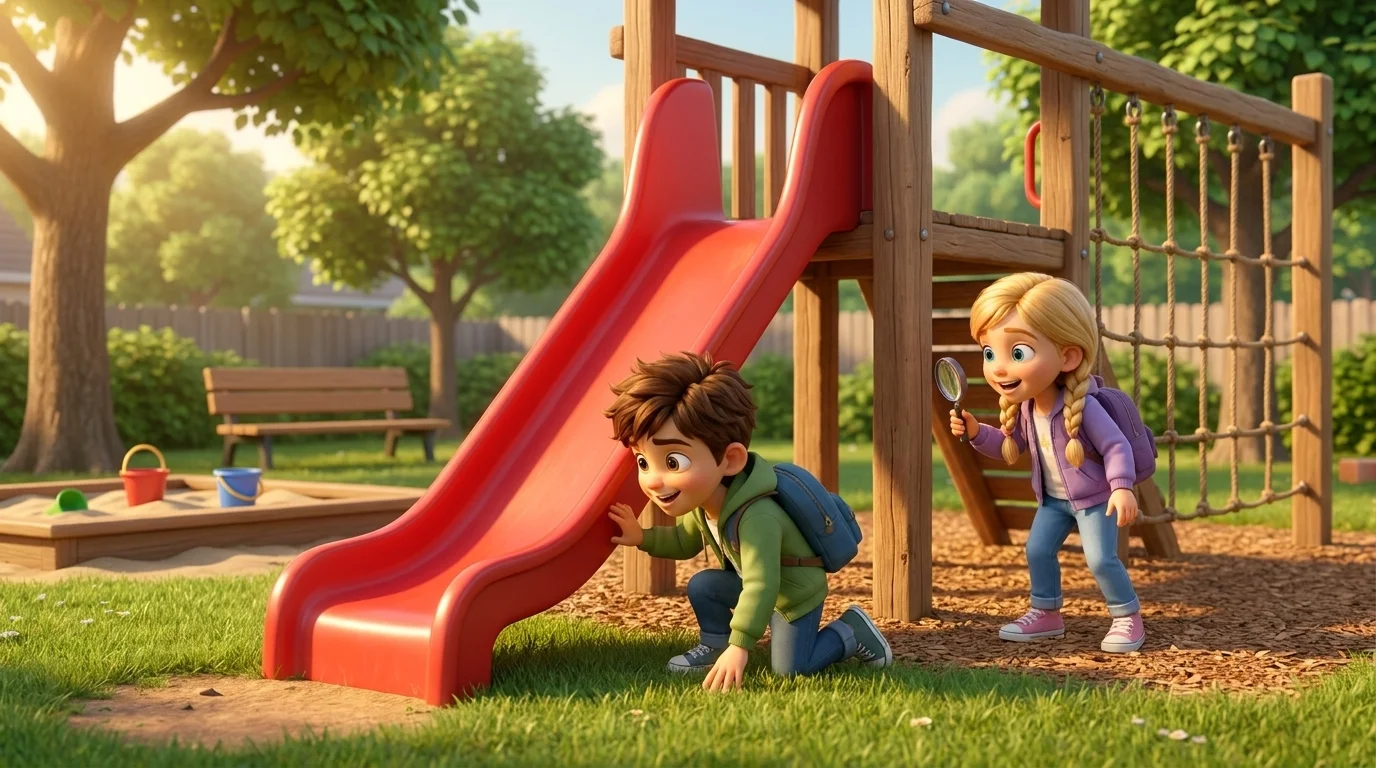 Luca und Mia suchen auf dem Spielplatz nach Hinweisen