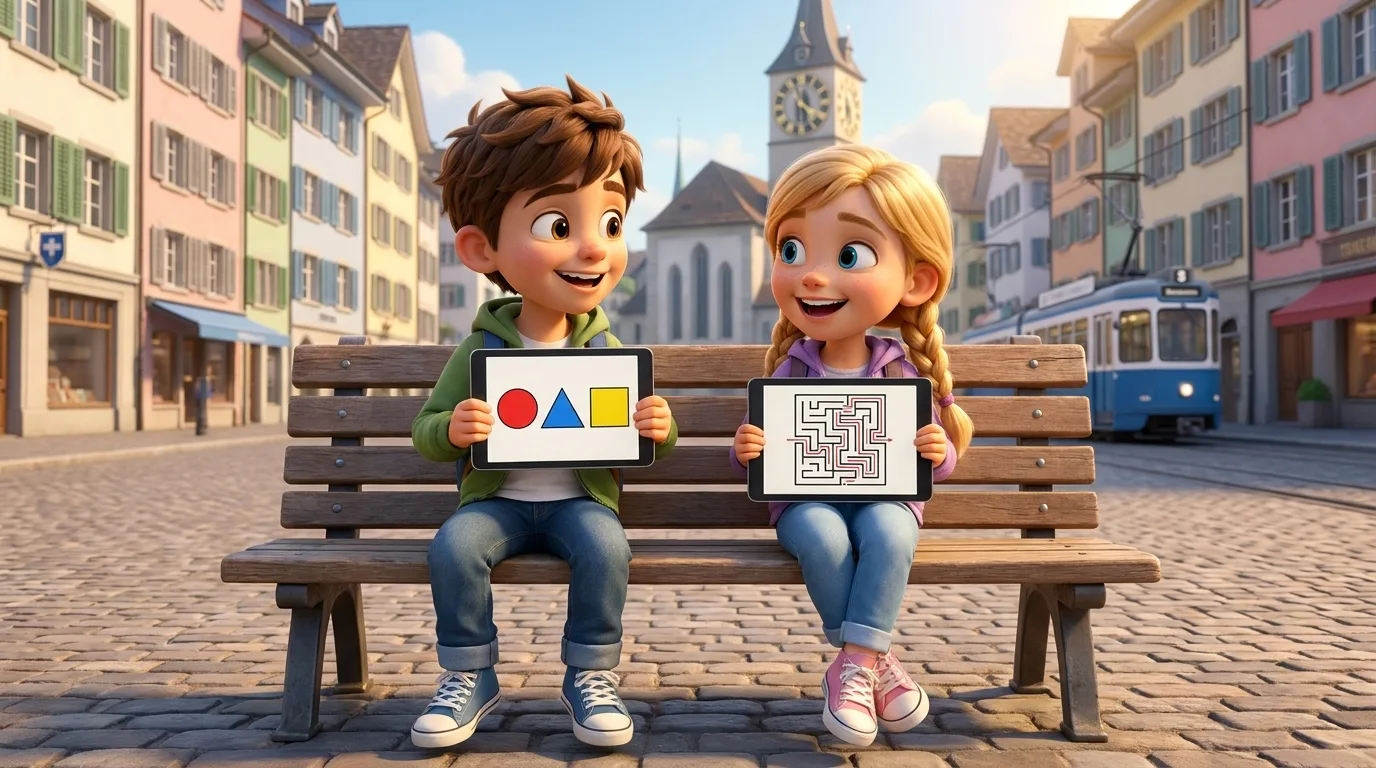 Luca und Mia mit unterschiedlichen Rätseln auf ihren Tablets